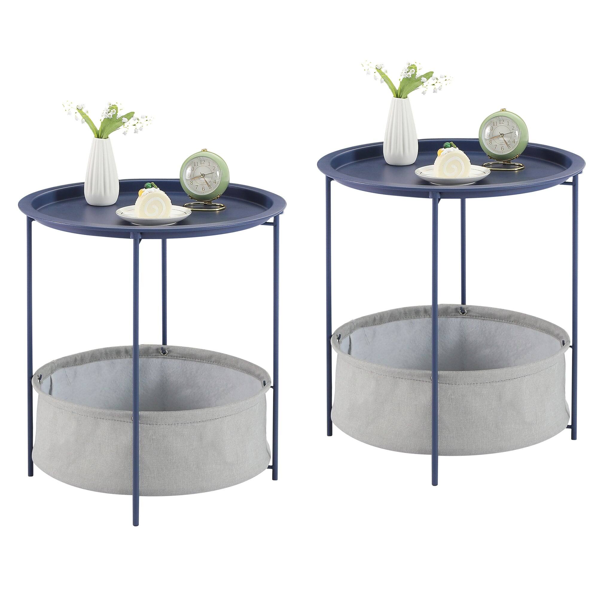Front. Vecelo - Set of 2 Foldable Metal Side Table with Removable Tray, Round Indoor Outdoor End Table for Living Room or Patio - With basket 2PCS Blue.