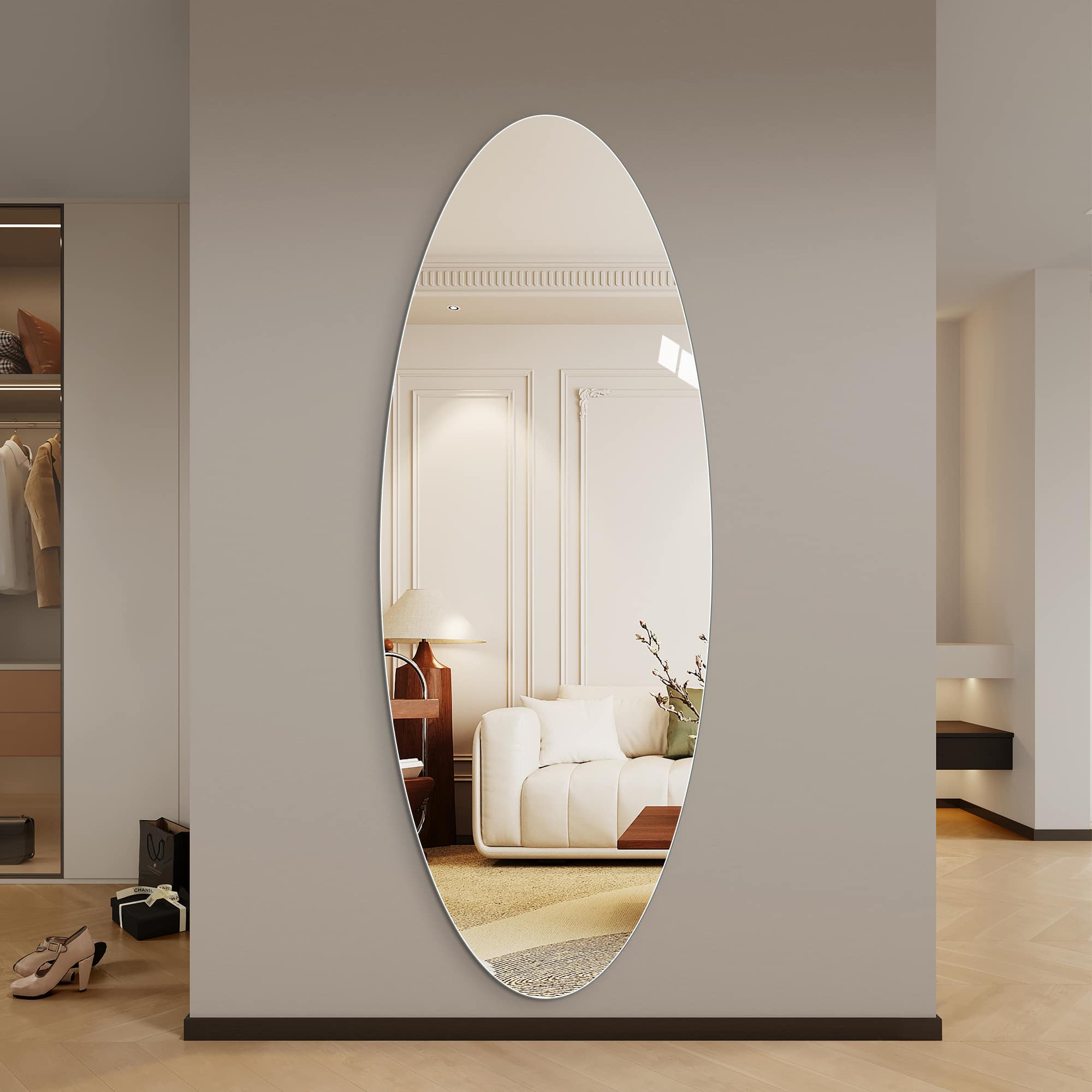 Boyel Living - 65 by 24 Inch Full Length Wall Mirror Oval Design 5mm Copper Free Silver Glass