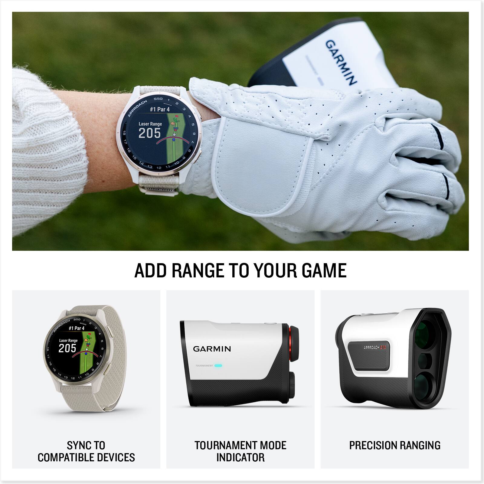 adas - A #1 Par 4 Laser Range a 205 * a * + GARMIN i 1N 12 . - ADD RANGE TO YOUR GAME ada EMPREO 81 Pare #1 : Laer Lange 205 SS GARMIN aorome 11 SYNC TO COMPATIBLE DEVICES TOURNAMENT MODE INDICATOR PRECISION RANGING