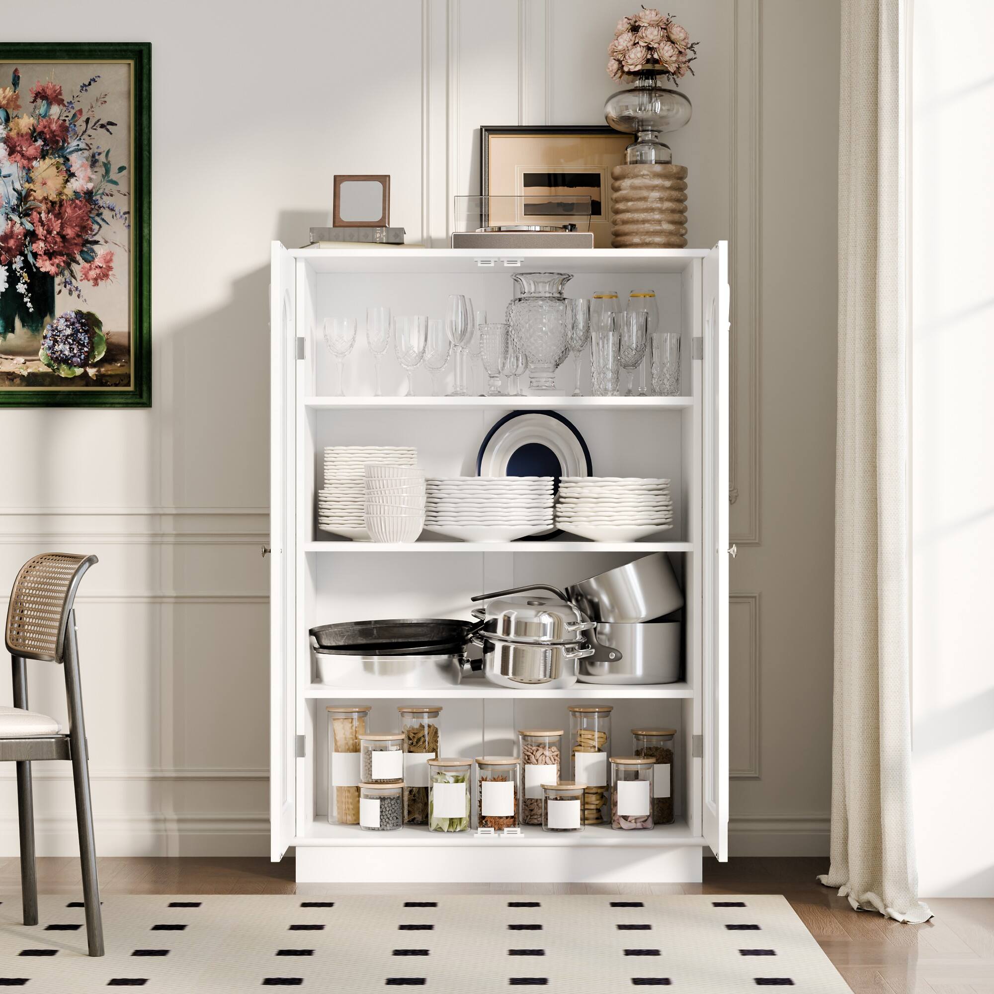 Alt View 7. Famapy - Famapy French - Style Glass Display Cabinet: Elegant Dishware Showcase + Hidden Storage - White.