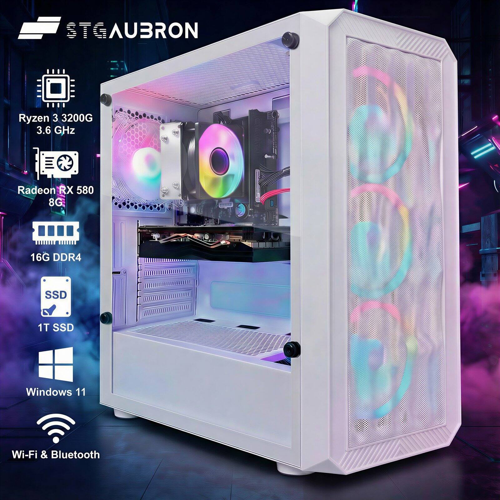 STGAUBRON Ryzen 3 3200G 3.6 GHz Radeon RX 580 8G 16G DDR4 SSD 1T SSD Windows 11 Wi-Fi & Bluetooth