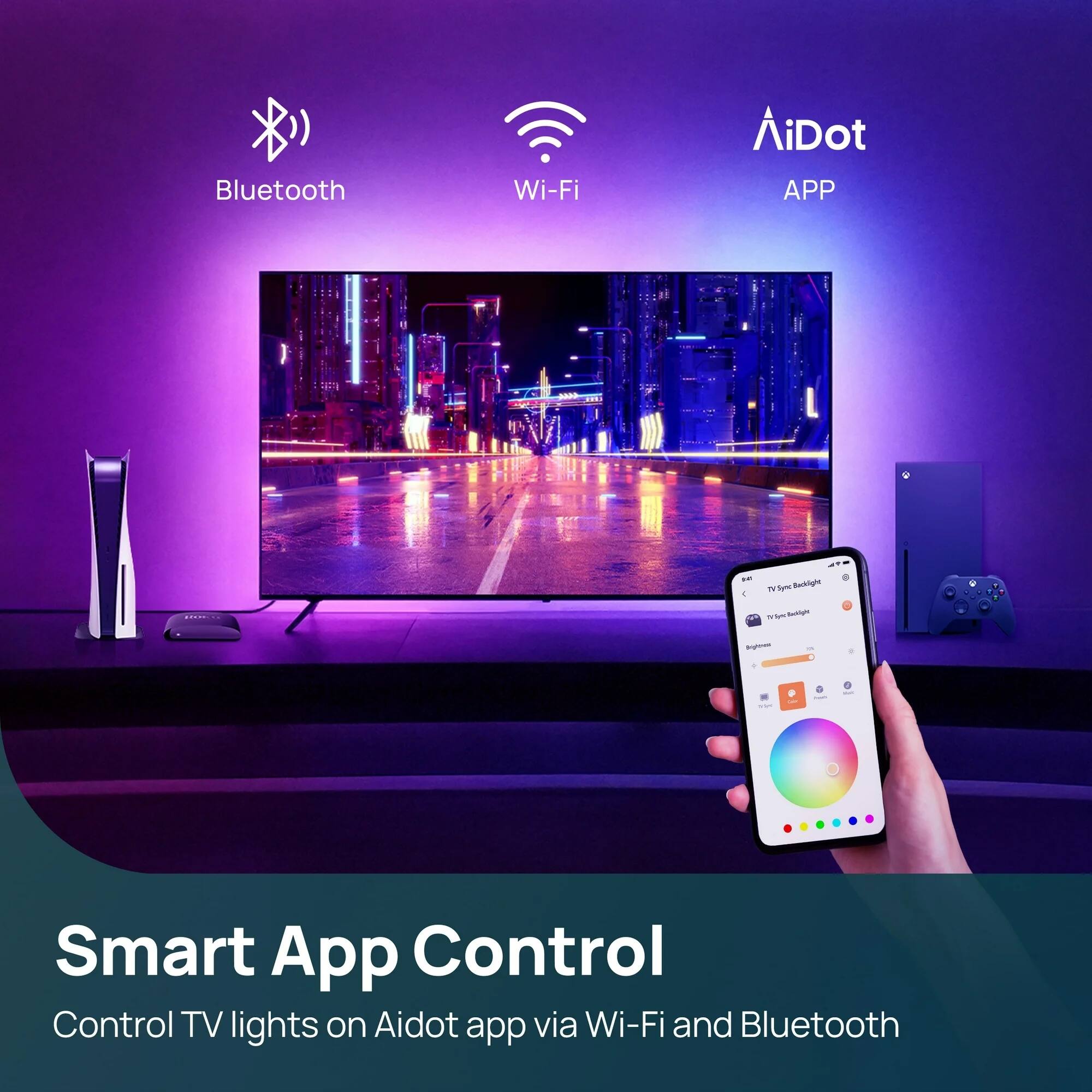 Bluetooth Wi-Fi AiDot APP - by Backinghe nmba VI - Smart App Control Control TV lights on Aidot app via Wi-Fi and Bluetooth

Smart App Control  
Control TV lights on Aidot app via Wi-Fi and Bluetooth