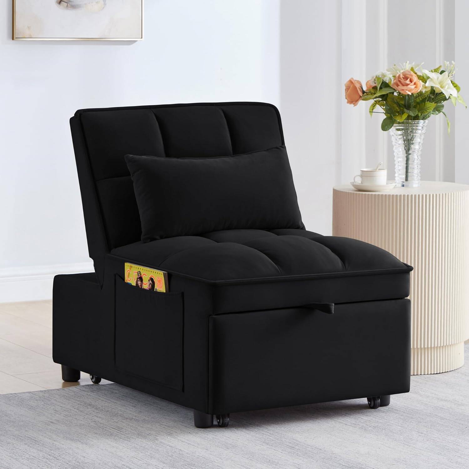 Alt View 2. Trinkets Crazed - 4 in1 Multi-Function Single Sofa Bed with Storage Pockets,Tufted Single Pull-out Sofa Bed W/ Adjustable Backrest - black.