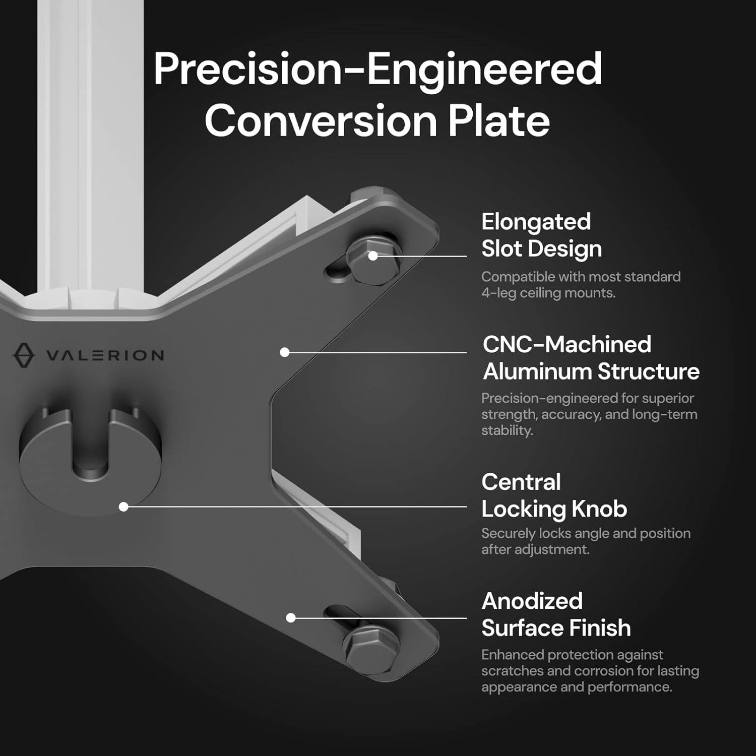 Precision-Engineered Conversion Plate

- Elongated Slot Design
  - Compatible with most standard 4-leg ceiling mounts.

- CNC-Machined Aluminum Structure
  - Precision-engineered for superior strength, accuracy, and long-term stability.

- Central Locking Knob
  - Securely locks angle and position after adjustment.

- Anodized Surface Finish
  - Enhanced protection against scratches and corrosion for lasting appearance and performance.