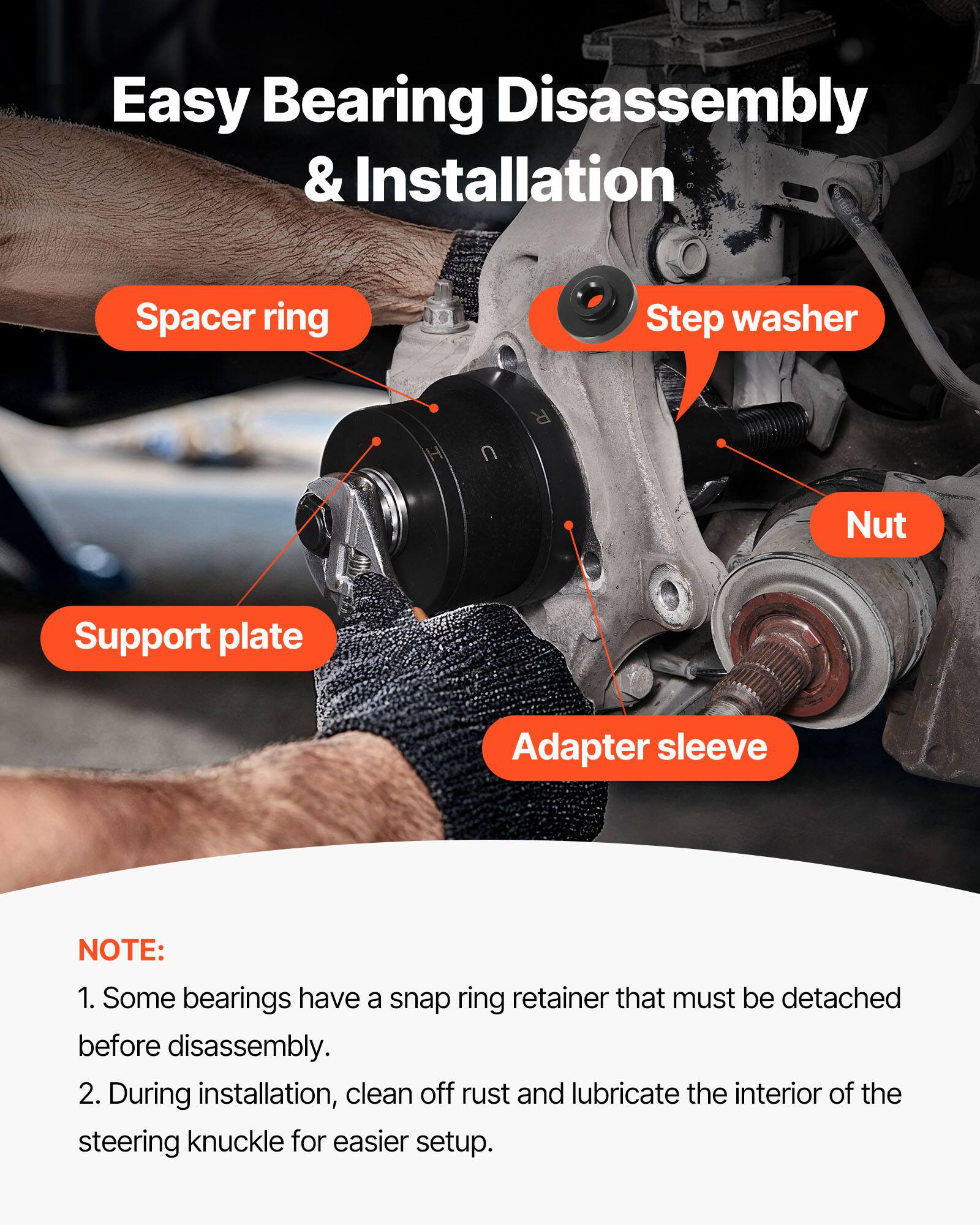 Easy Bearing Disassembly & Installation

- Spacer ring
- Step washer
- Support plate
- Nut
- Adapter sleeve

NOTE:
1. Some bearings have a snap ring retainer that must be detached before disassembly.
2. During installation, clean off rust and lubricate the interior of the steering knuckle for easier setup.