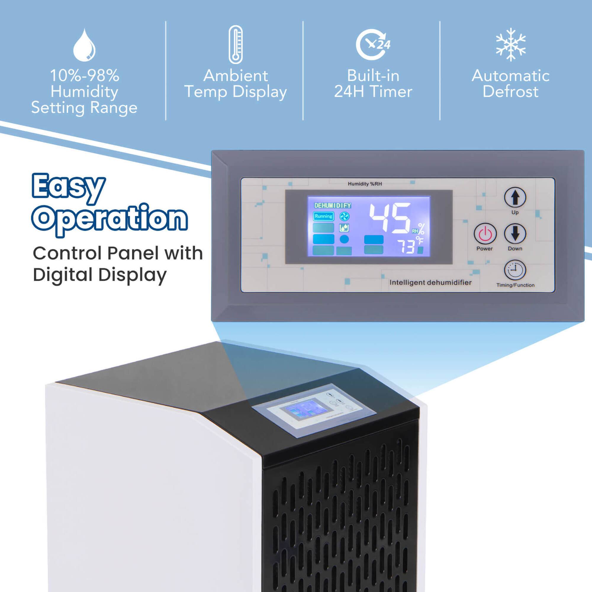 The text on the image is grouped and corrected as follows:

1. X24 2 10%-98% Humidity Setting Range Ambient Temp Display Built-in 24H Timer Automatic Defrost Easy Operation Control Panel with Digital Display Humidity NRH DEHUMIDIFIER Up Bumming 45 - 73 Power Down Intelligent dehumidifier Timing Function.