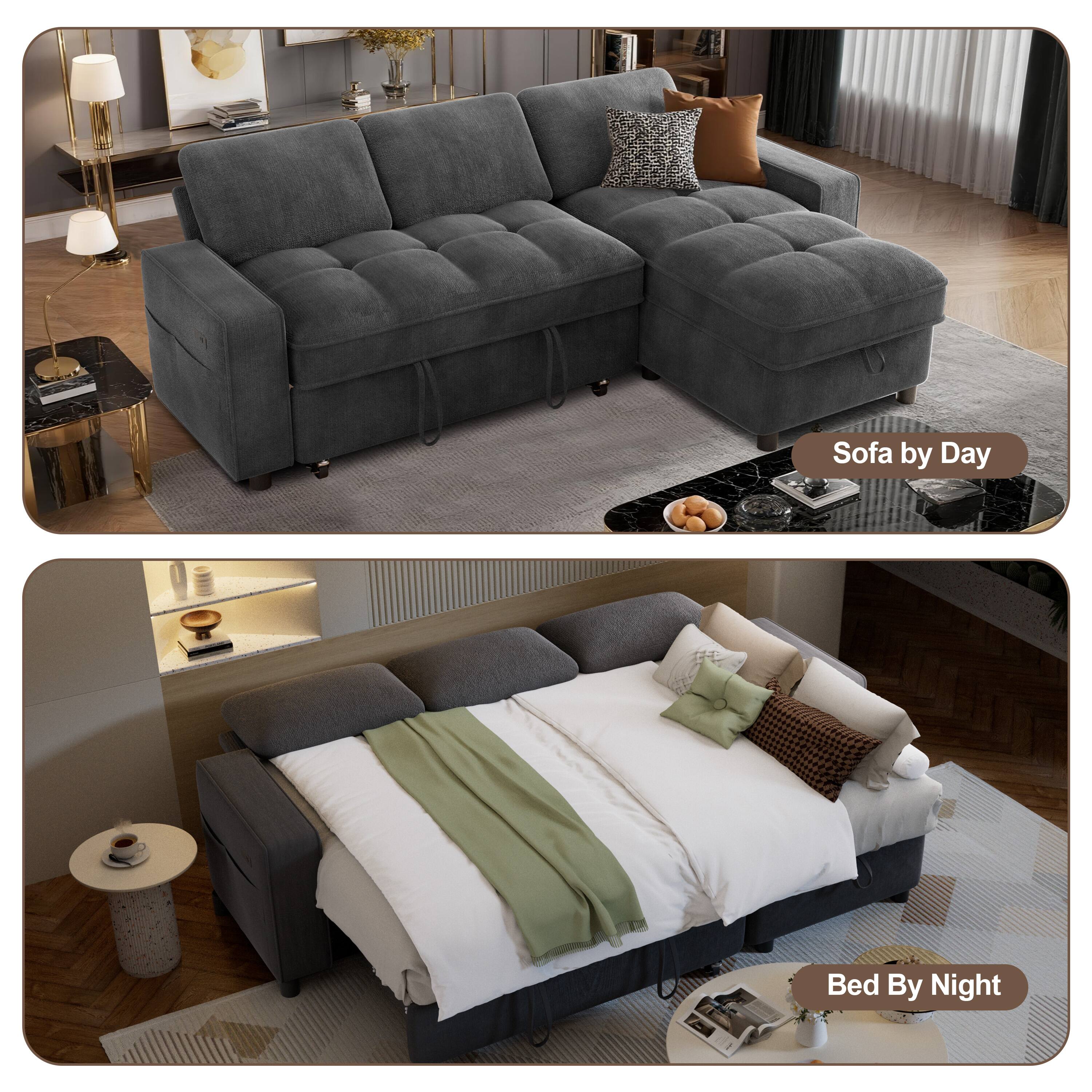 Alt View 2. Dyonery - 81" L Shaped Couch Sleeper Sofa, Pull Out Couch with Reclining Backrest, Reversible Storage Chaise, USB Ports - Grey.