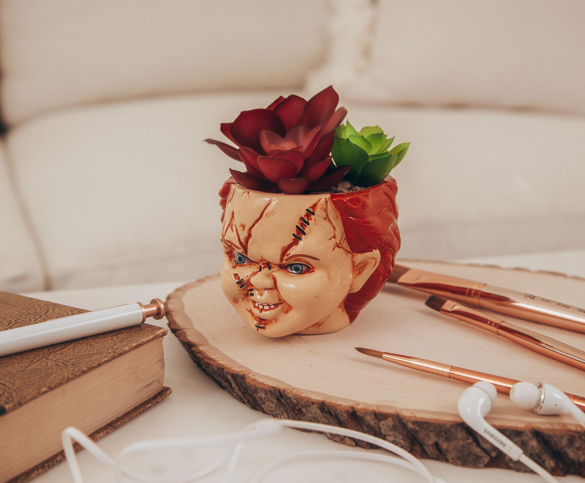 Alt View 2. Silver Buffalo - Child's Play Chucky 3-Inch Ceramic Mini Planter with Artificial Succulent - Red.