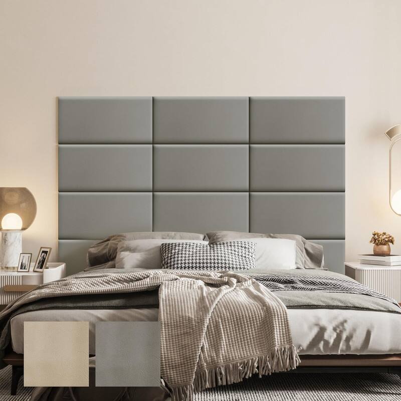 Front. wowmax - Peel & Stick Faux Leather Headboard - Waterproof 3D Wall Panel for King Bed, 23.6x11.8", Grey (12-Pack) - Grey.