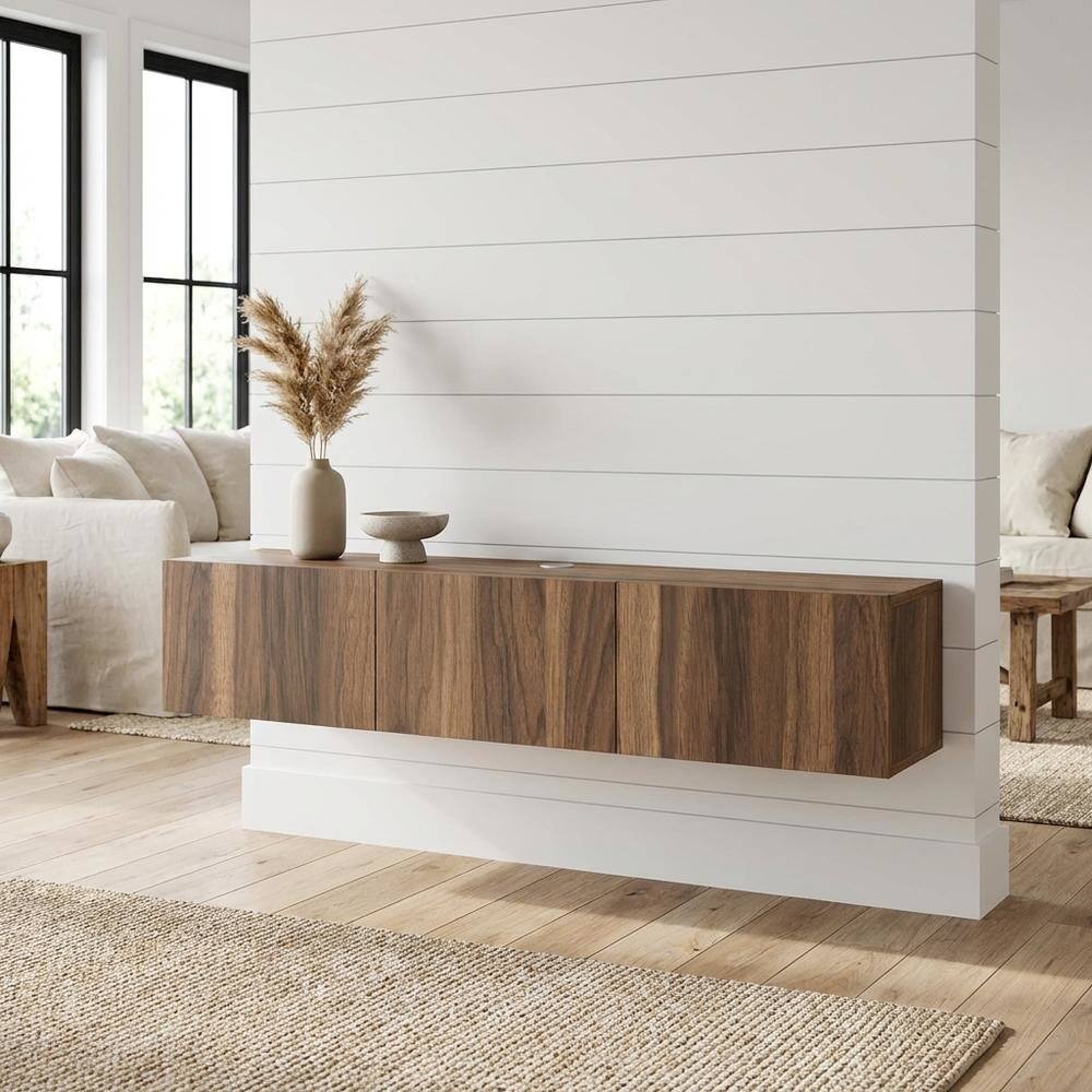 Alt View 1. FurniFact - Brown floating TV stand with wall-mount design and modern appeal - Brown.