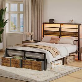 Pinmoco - LED Storage Bed Platform Bed Frame with 2/3 Drawers Charging Station and Adjustable Height - Rustic Brown
