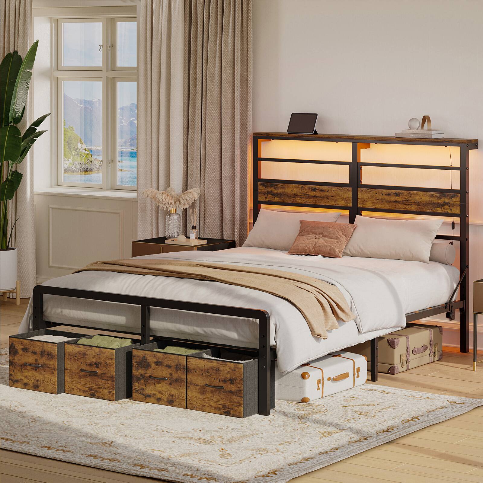 Front. Pinmoco - Pinmoco - LED Storage Bed Platform Bed Frame with 2/3 Drawers Charging Station and Adjustable Height - Rustic Brown.