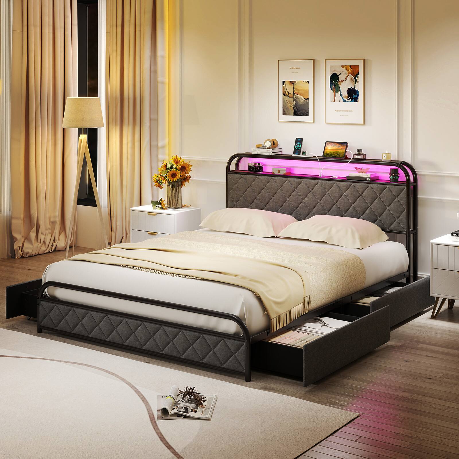 Left. LUCKY ONE - Queen Assembled Platform Bed Frame with LED Lights Charging Station Storage Headboard - Black-Queen.