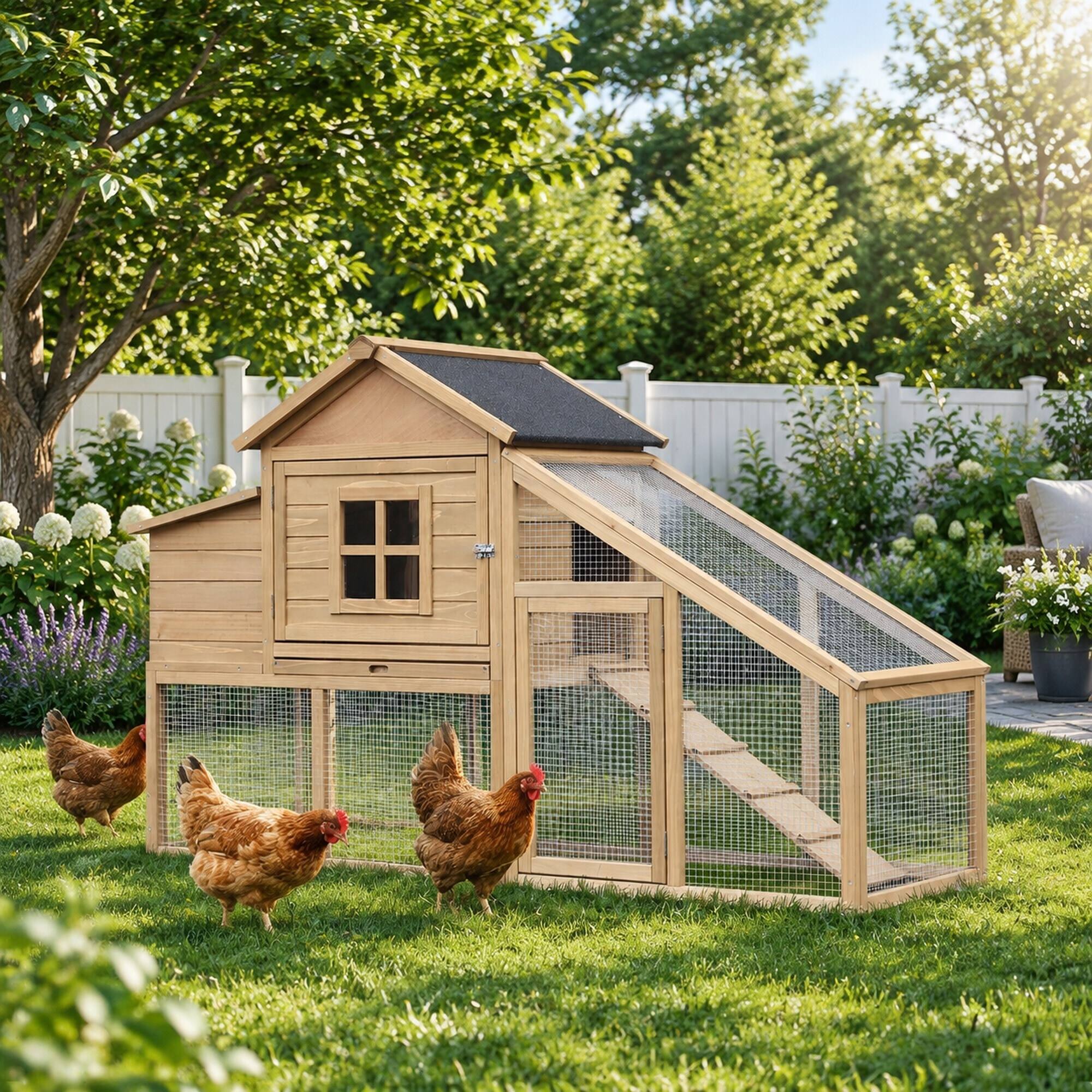 RYHNUYNE 69.25 in Wooden Chicken Coop, Fir Wood Hen House, Asphalt Roof ...