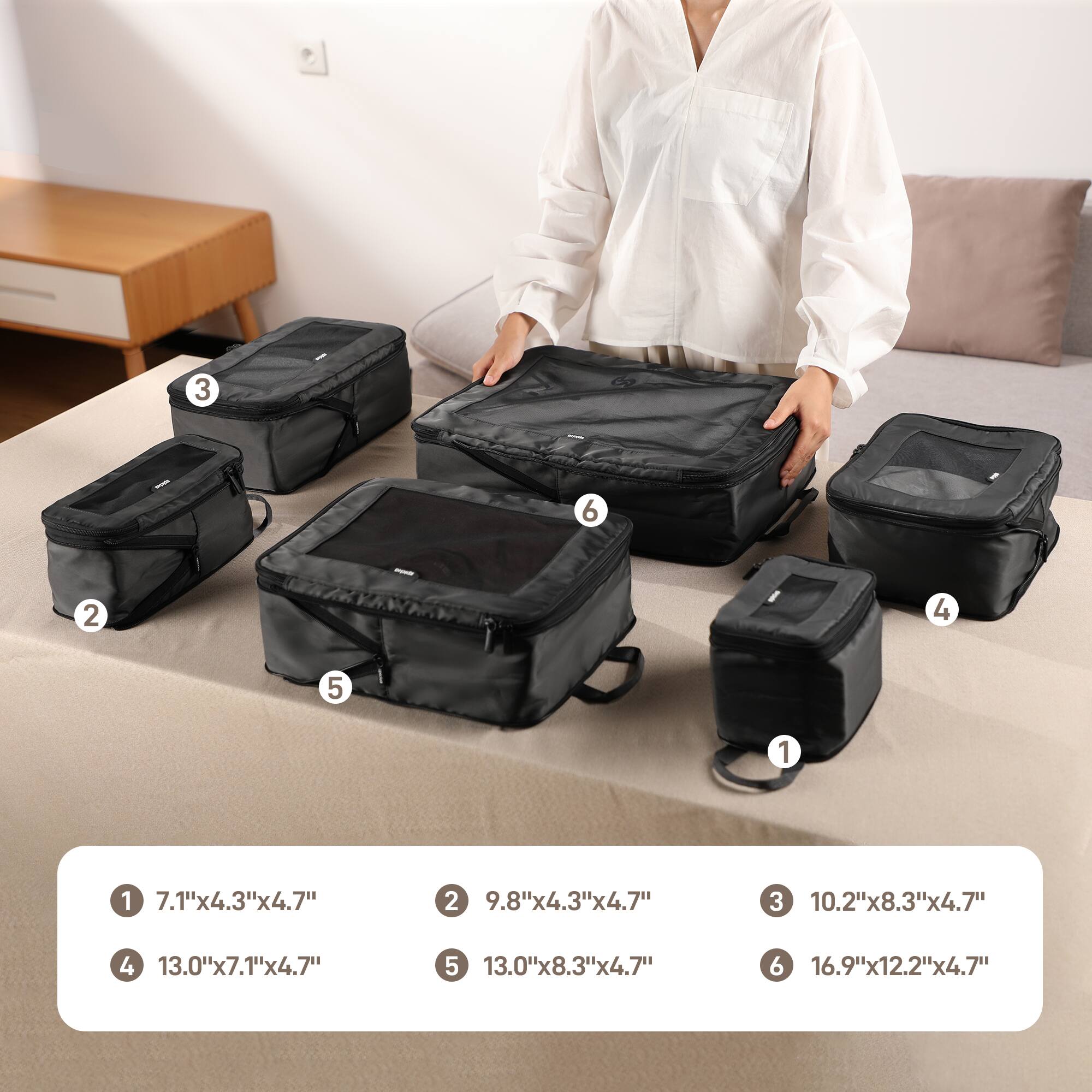 1 7.1"x4.3"x4.7"
2 9.8"x4.3"x4.7"
3 10.2"x8.3"x4.7"
4 13.0"x7.1"x4.7"
5 13.0"x8.3"x4.7"
6 16.9"x12.2"x4.7"