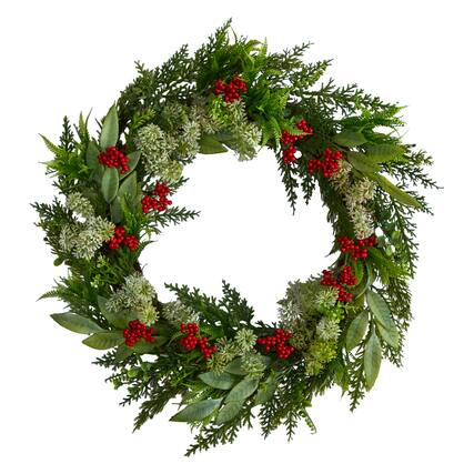Front. BreeBe - 24” Cedar, Eucalyptus and Berries Christmas Wreath - Multi.