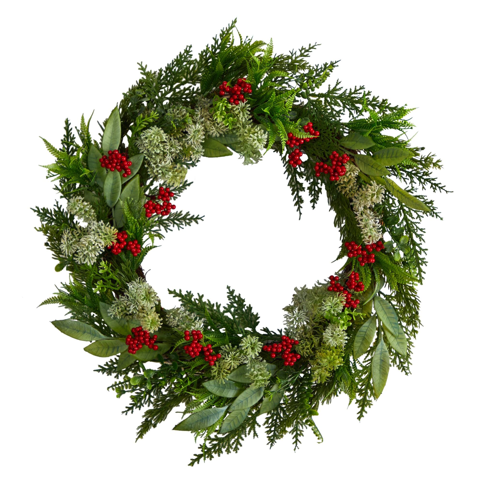BreeBe - 24” Cedar, Eucalyptus and Berries Christmas Wreath - Multi