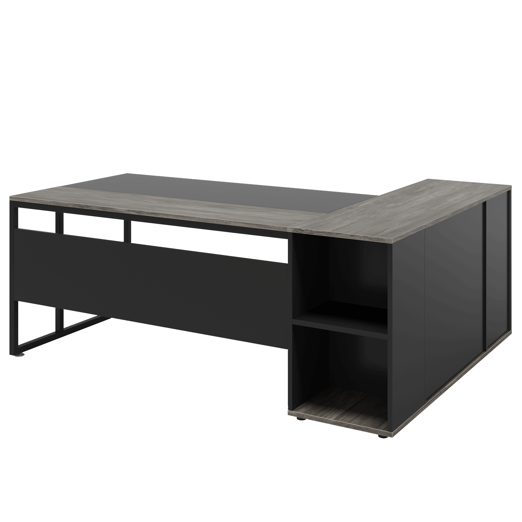 Back. APRILSOUL - 71inch Executive Desk L-Shaped Desk with Cabinet Storage and Shelves Business Furniture Set Workstation Gray Black - Gray+Black.