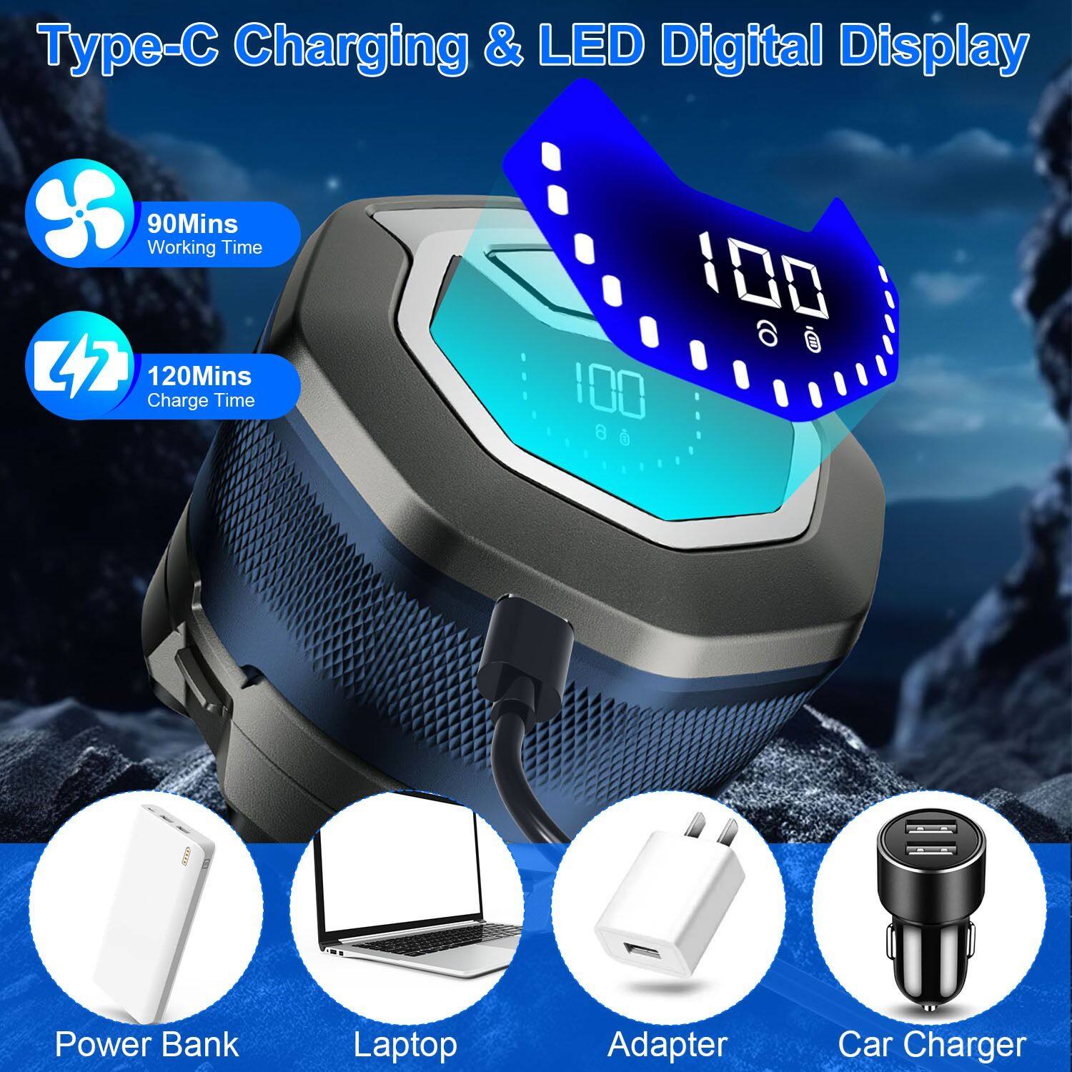 Type-C Charging & LED Digital Display  
90Mins Working Time  
120Mins Charge Time  

Power Bank  
Laptop  
Adapter  
Car Charger