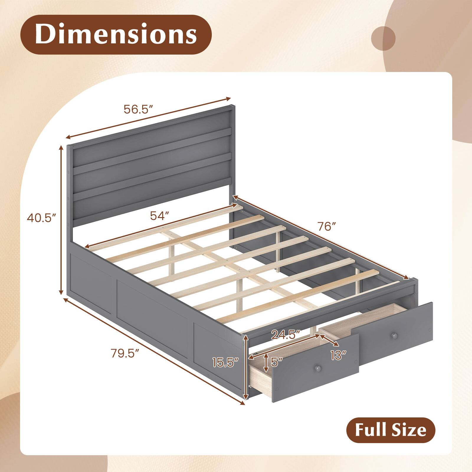 Dimensions: 56.5" x 40.5" x 54" x 76" x 79.5" x 15.5" x 24.5" x 15" x 13"  
Full Size