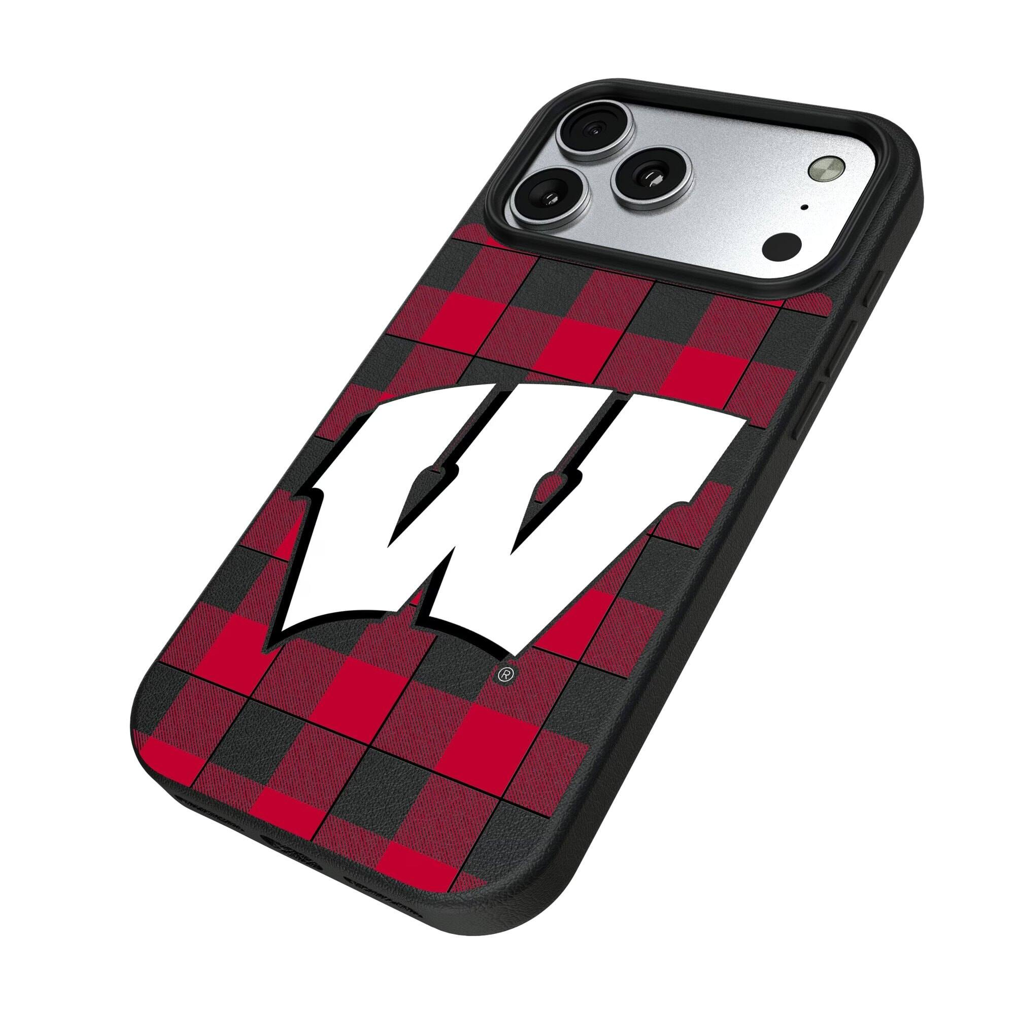 Alt View 1. Keyscaper - Wisconsin Badgers Plaid Magnetic Bump iPhone Case - 16 Pro Max - Black.