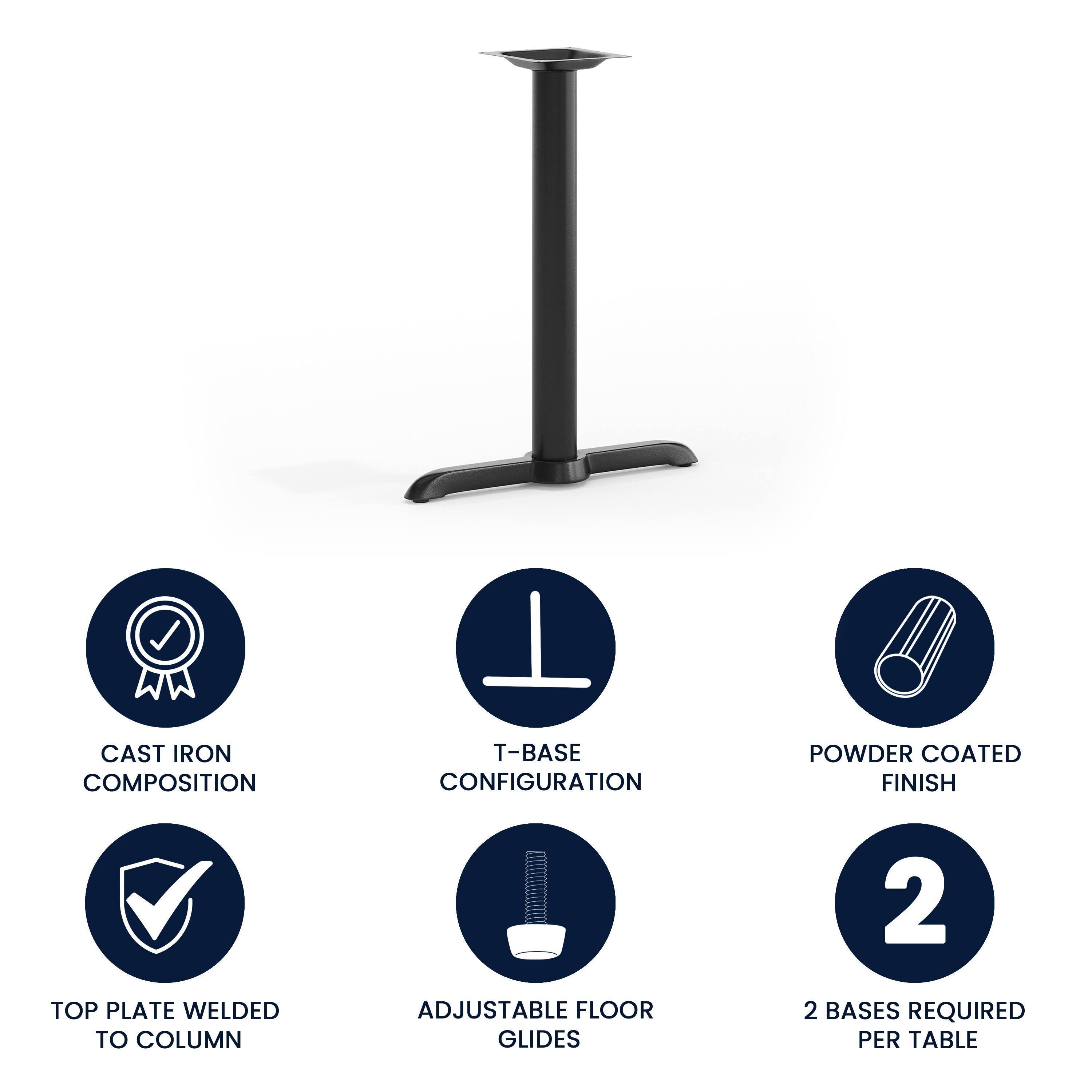 - CAST IRON COMPOSITION
- T-BASE CONFIGURATION
- POWDER COATED FINISH
- TOP PLATE WELDED TO COLUMN
- ADJUSTABLE FLOOR GLIDES
- 2 BASES REQUIRED PER TABLE