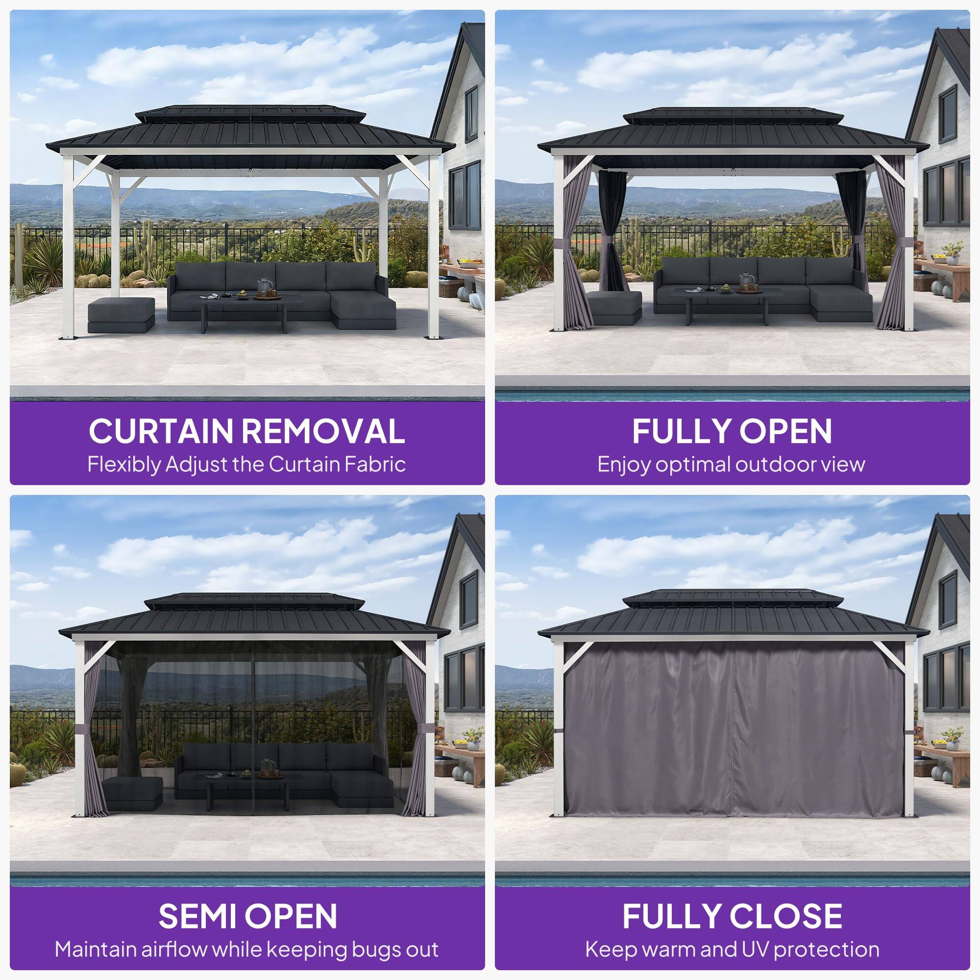 - CURTAIN REMOVAL
  Flexibly Adjust the Curtain Fabric

- FULLY OPEN
  Enjoy optimal outdoor view

- SEMI OPEN
  Maintain airflow while keeping bugs out

- FULLY CLOSE
  Keep warm and UV protection