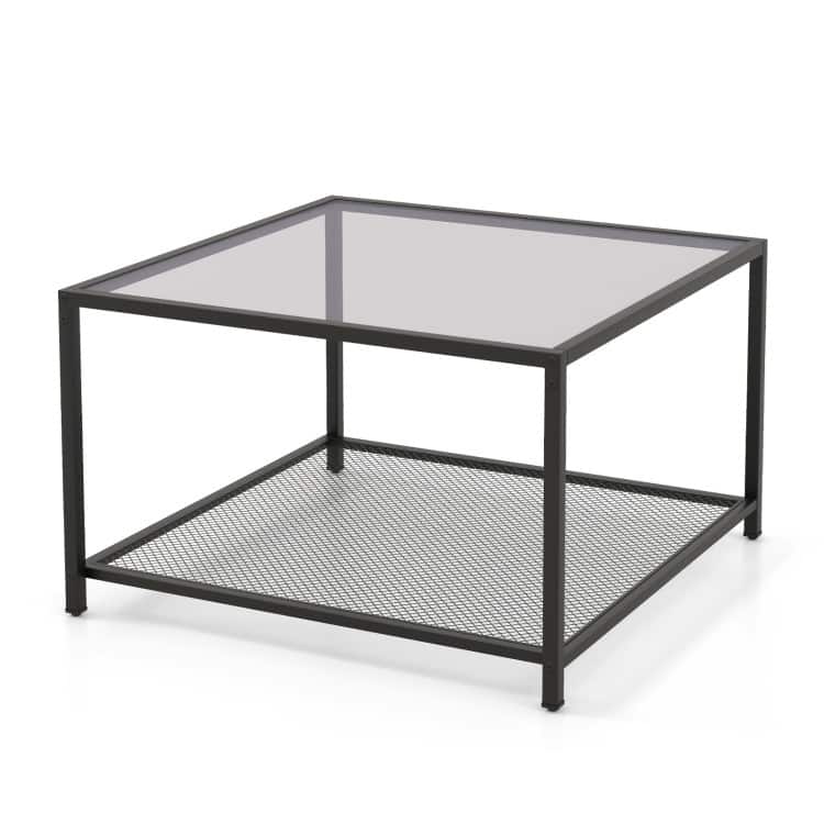 SlickBlue - Modern Glass Coffee Table with 2-Tier Square Design and Mesh Shelf - Gray