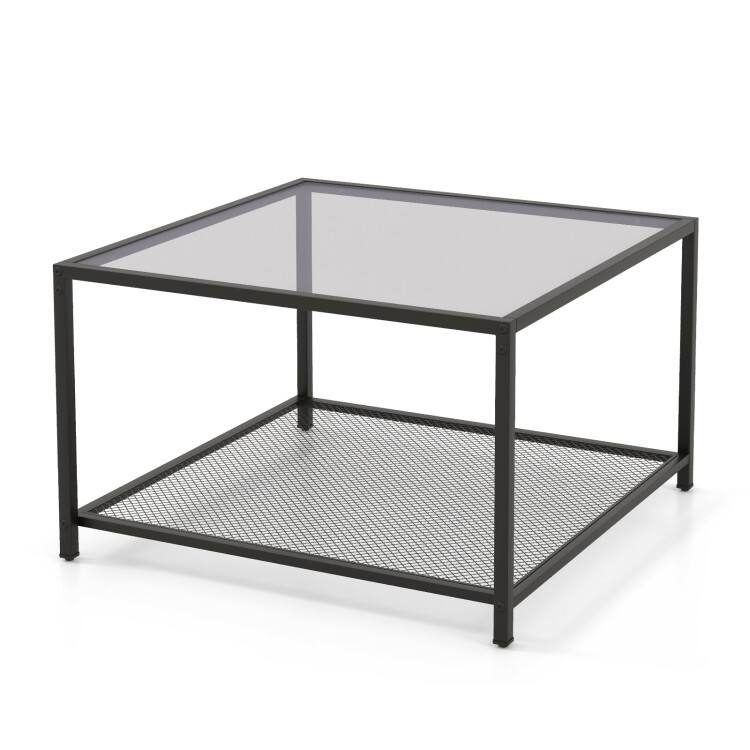 Front. SlickBlue - Modern Glass Coffee Table with 2-Tier Square Design and Mesh Shelf - Gray.