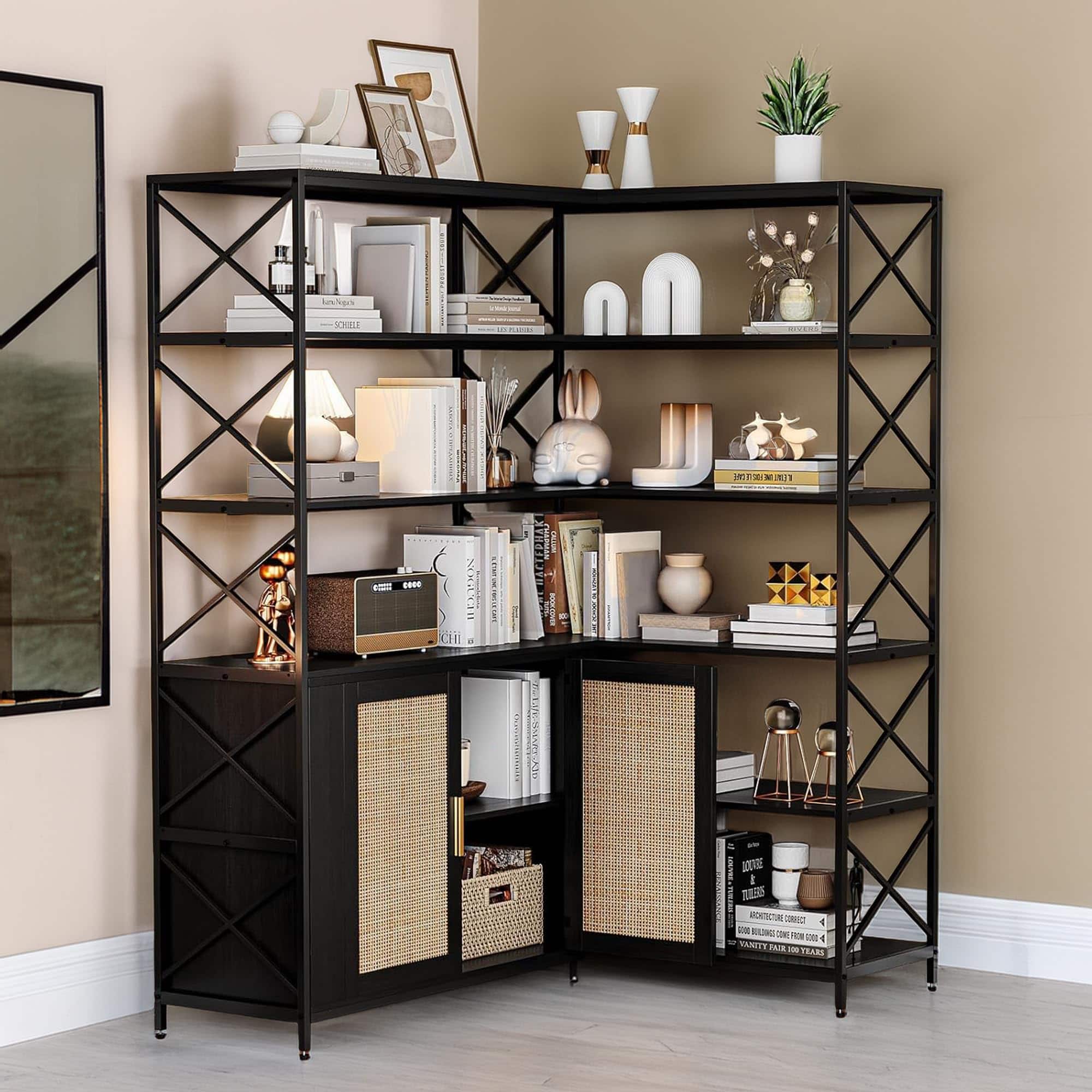 Acekool - 6 Tier Corner Bookshelf, Industrial Corner Bookshelf Etagere Bookcase, Bookcase Large l Shaped Storage Display Shelf - Black