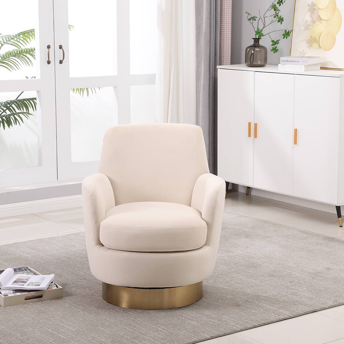 Alt View 2. Trinkets Crazed - Swivel Barrel Chair,Modern Comfy Velvet Upholstered Round Swivel Accent Chairst,360 Degree Single Sofa Chair Armchair - Beige.