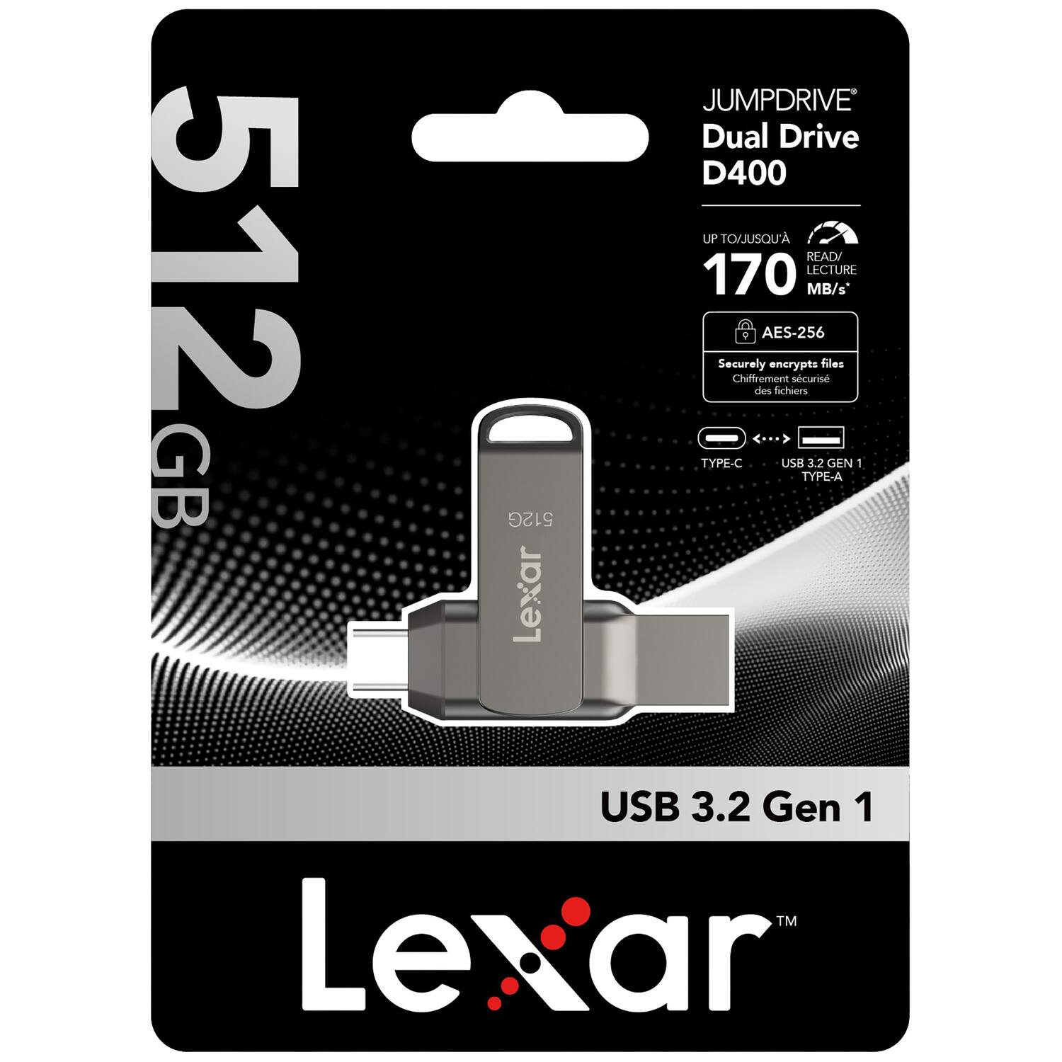 512 GB Lexar JUMPDRIVE Dual Drive D400  
UP TO/JUSQU'A READ/LECTURE 170 MB/s  
9 AES-256 Securely encrypts files  
Chiffrement sécurisé des fichiers  
TYPE-C USB 3.2 GEN 1 TYPE-A USB 3.2 Gen 1  
Le Lexar