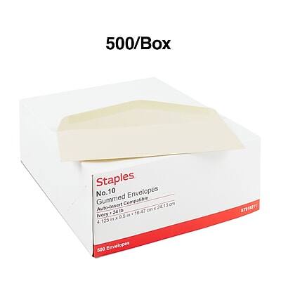 500/Box  
Staples No.10  
Gummed Envelopes  
Auto-Insert Compatible  
Ivory 24.13 x 10.47 cm (4.25 in x 4 in)  
500 Envelopes