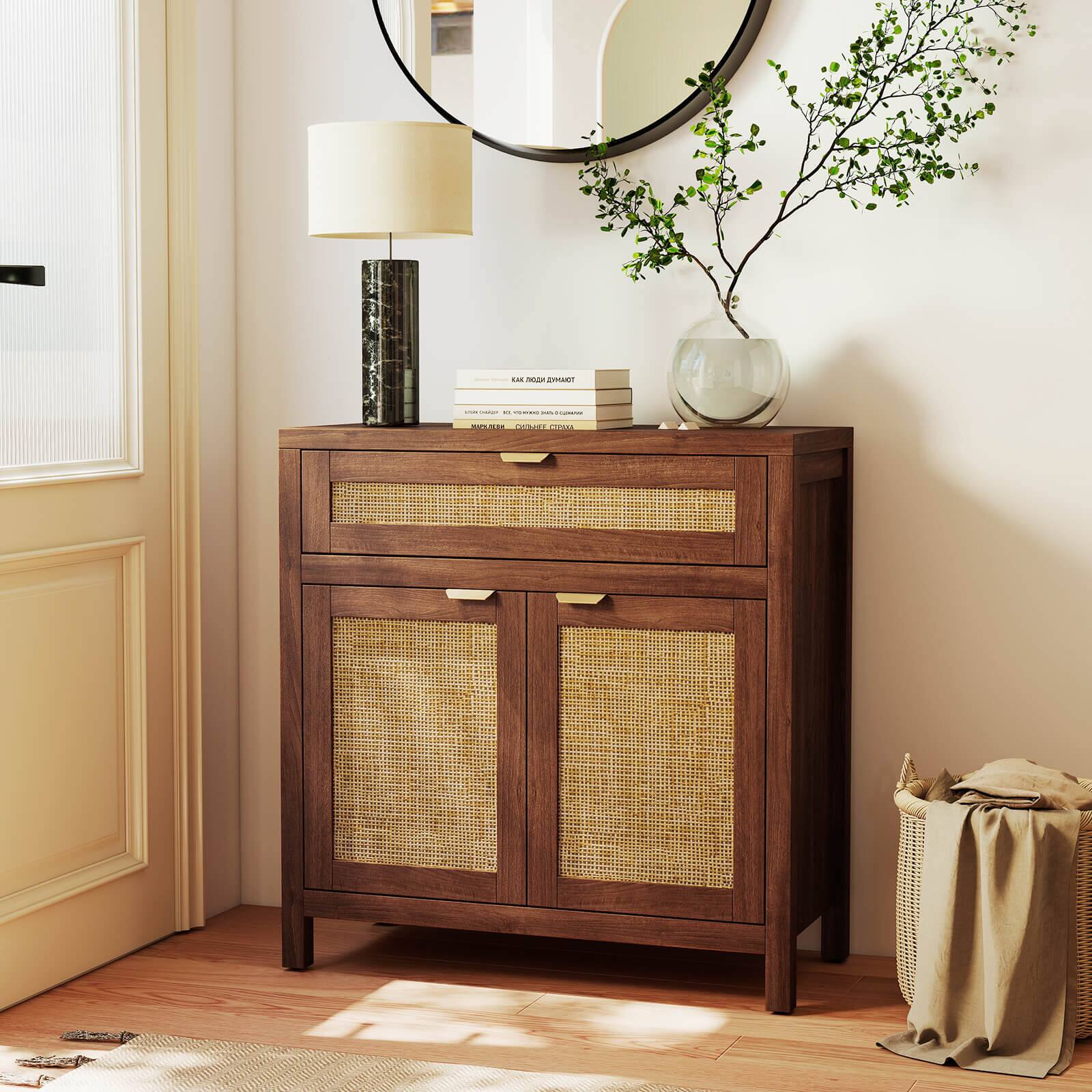 Alt View 1. Costway - Costway 1 PCS Buffet Cabinet Sideboard Storage Cabinet Rattan Doors & Drawer Adjustable Shelf - Brown.