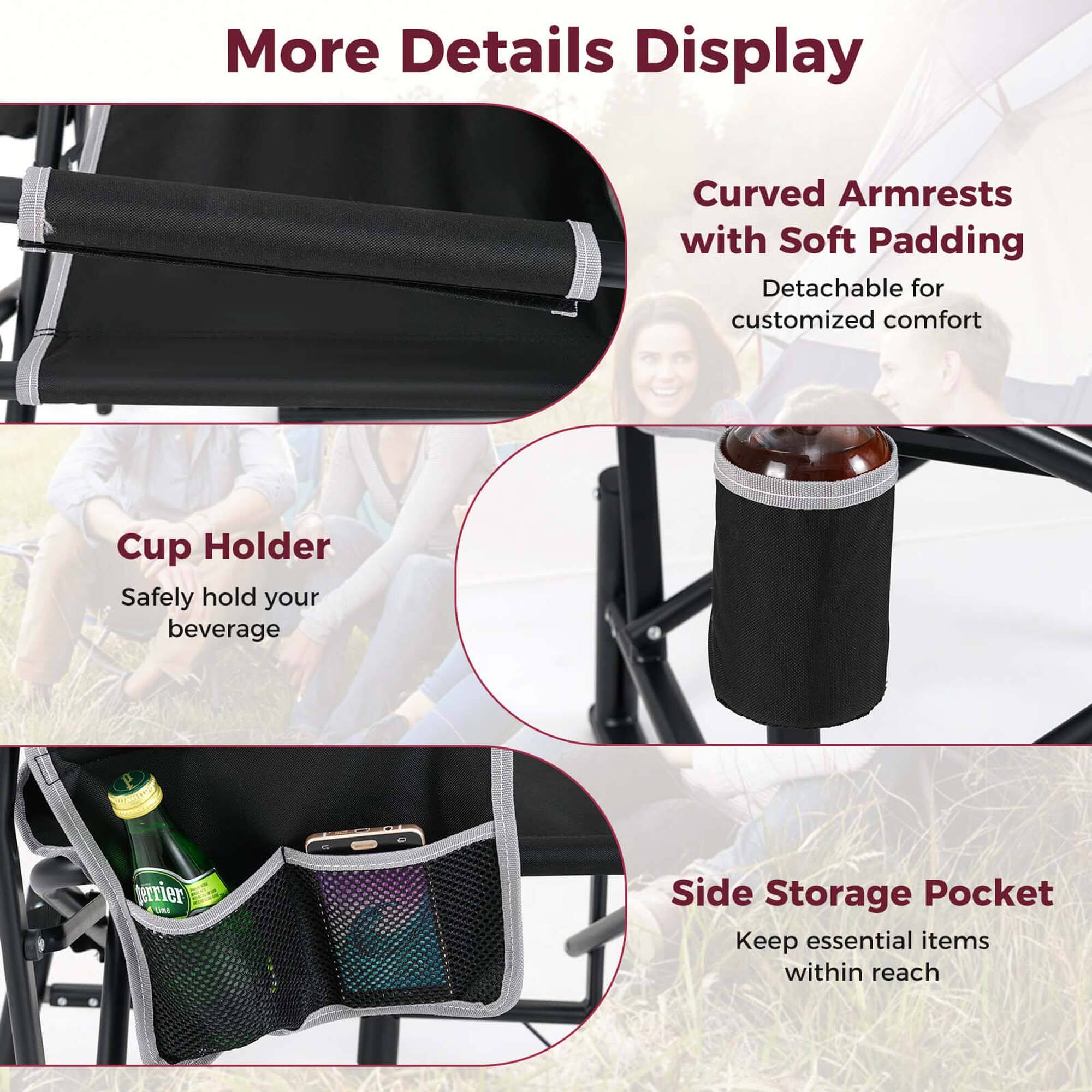 More Details Display

Curved Armrests with Soft Padding  
Detachable for customized comfort

Cup Holder  
Safely hold your beverage

Side Storage Pocket  
Keep essential items within reach
