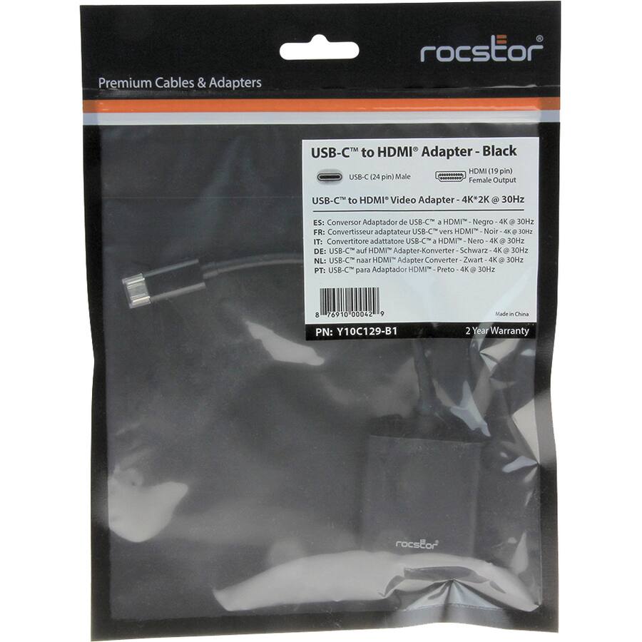 Premium Cables & Adapters

USB-C™ to HDMI™ Adapter - Black

USB-C (24 pin) Male
HDMI (19 pin) Female Output

USB-C™ to HDMI™ Video Adapter - 4K*2K @ 30Hz

ES: Conversor Adaptador de USB-C a HDMI Negro - 4K 30Hz
FR: Convertisseur adaptateur USB-C vers HDMI Noir - 4K 30Hz
IT: Convertitore adattatore USB-C a HDMI Nero - 4K 30Hz
DE: USB-C auf HDMI Adapter-Konverter Schwarz - 4K 30Hz
NL: USB-C naar HDMI Adapter Converter Zwart - 4K 30Hz
PT: USB-C para Adaptador HDMI Preto - 4K 30Hz

PN: Y10C129-B1

Made in China

2 Year Warranty

7691000042 9