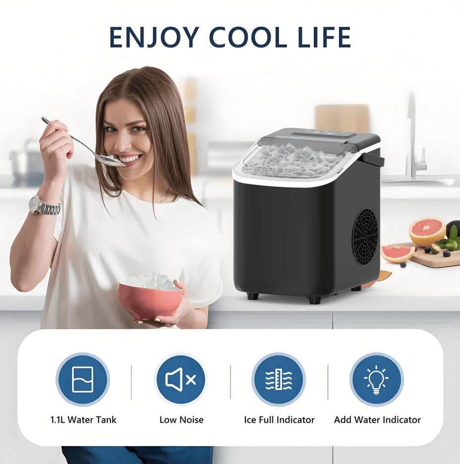 ENJOY COOL LIFE

1.1L Water Tank  
Low Noise  
Ice Full Indicator  
Add Water Indicator