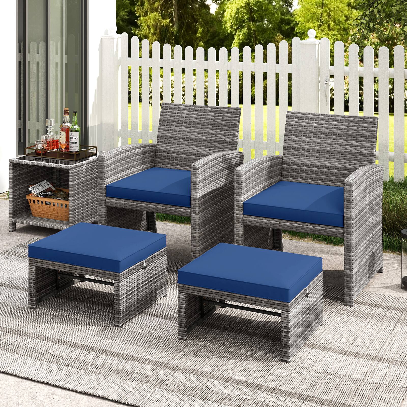 Alt View 7. Gymax - Gymax 2 Pieces Patio PE Rattan Ottomans with Soft Zippered Cushions for Deck Navy - Navy.