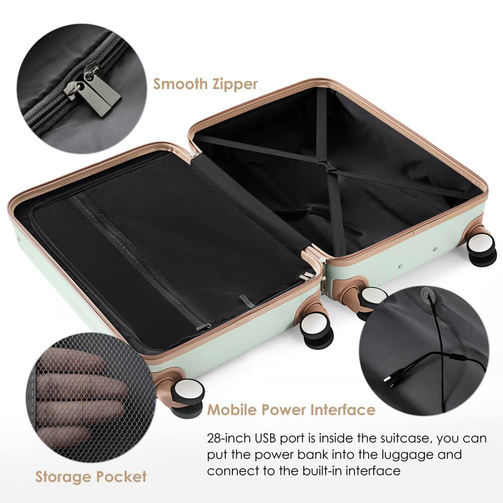 Smooth Zipper  
Mobile Power Interface  
Storage Pocket  

28-inch USB port is inside the suitcase, you can put the power bank into the luggage and connect to the built-in interface