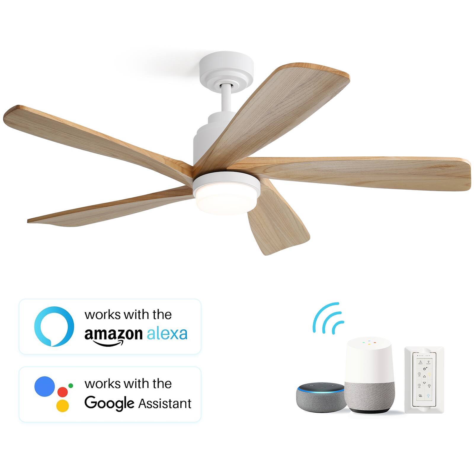 Sofucor - 52 inch Smart Ceiling Fan with Light and Remote Modern Ceiling Fan Work with Alexa APP Control Indoor Outdoor - White Wood
