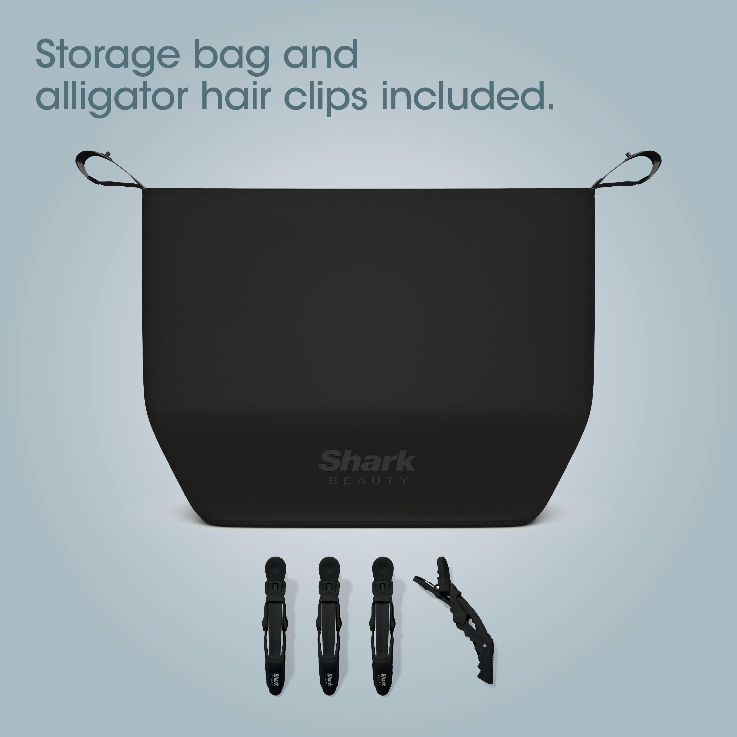 Storage bag and alligator hair clips included.  
Shark BEAUTY