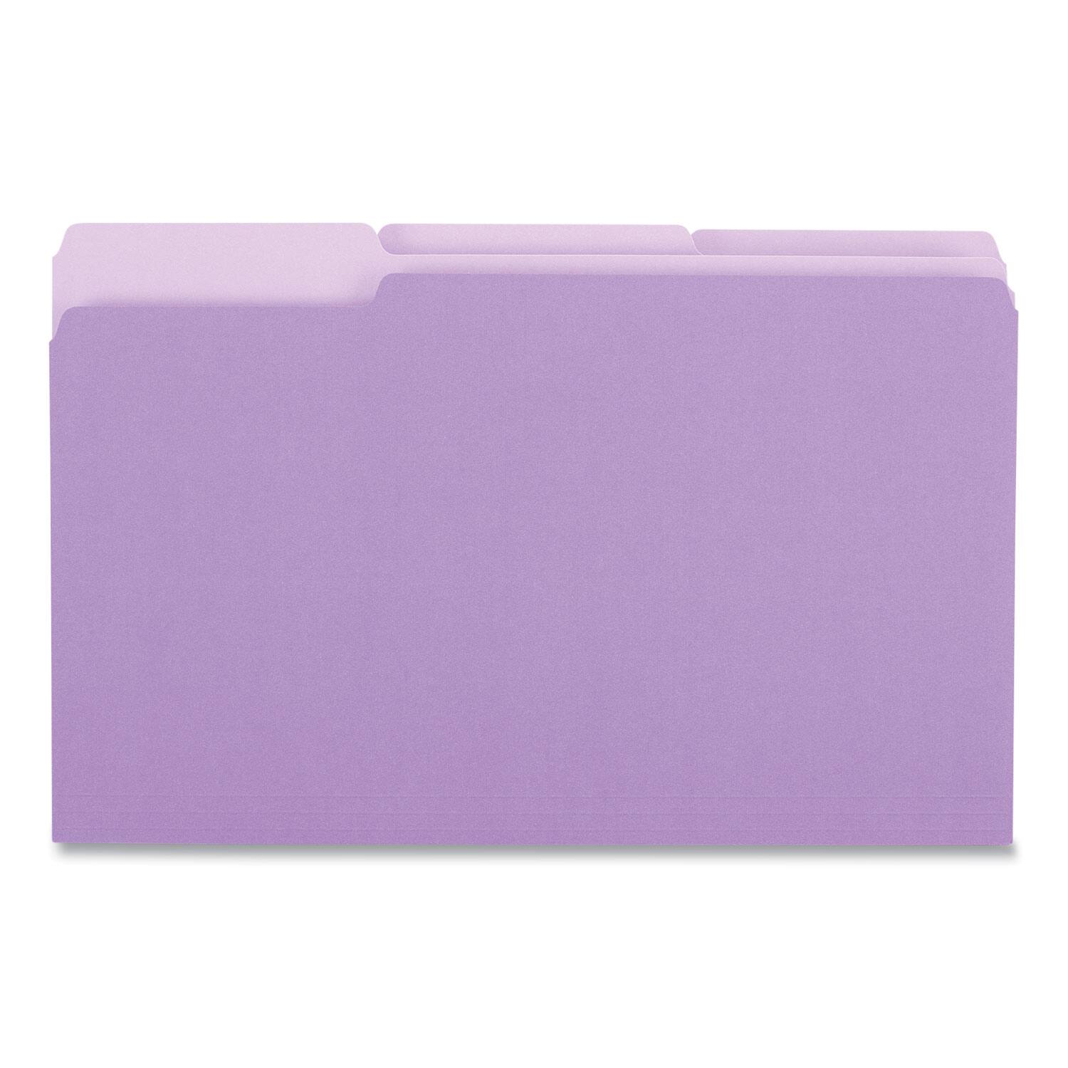 Left. Universal - Deluxe Colored Top Tab File Folders, 1/3-Cut Tabs: Assorted, Legal Size, Violet/Light Violet, 100/Box.