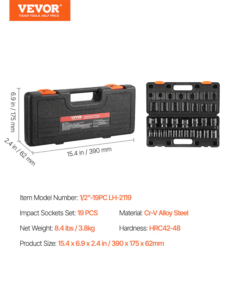 VEVOR Impact Socket Set 1/2 Inches 19 Piece Impact Sockets, Standard ...