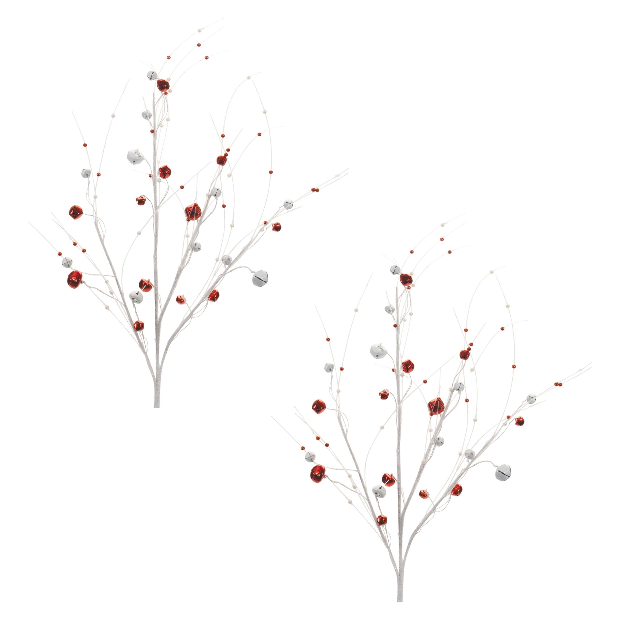 Left. BreeBe - Glittered Sleigh Bell Berry Twig Spray (Set of 2) - Red, White.
