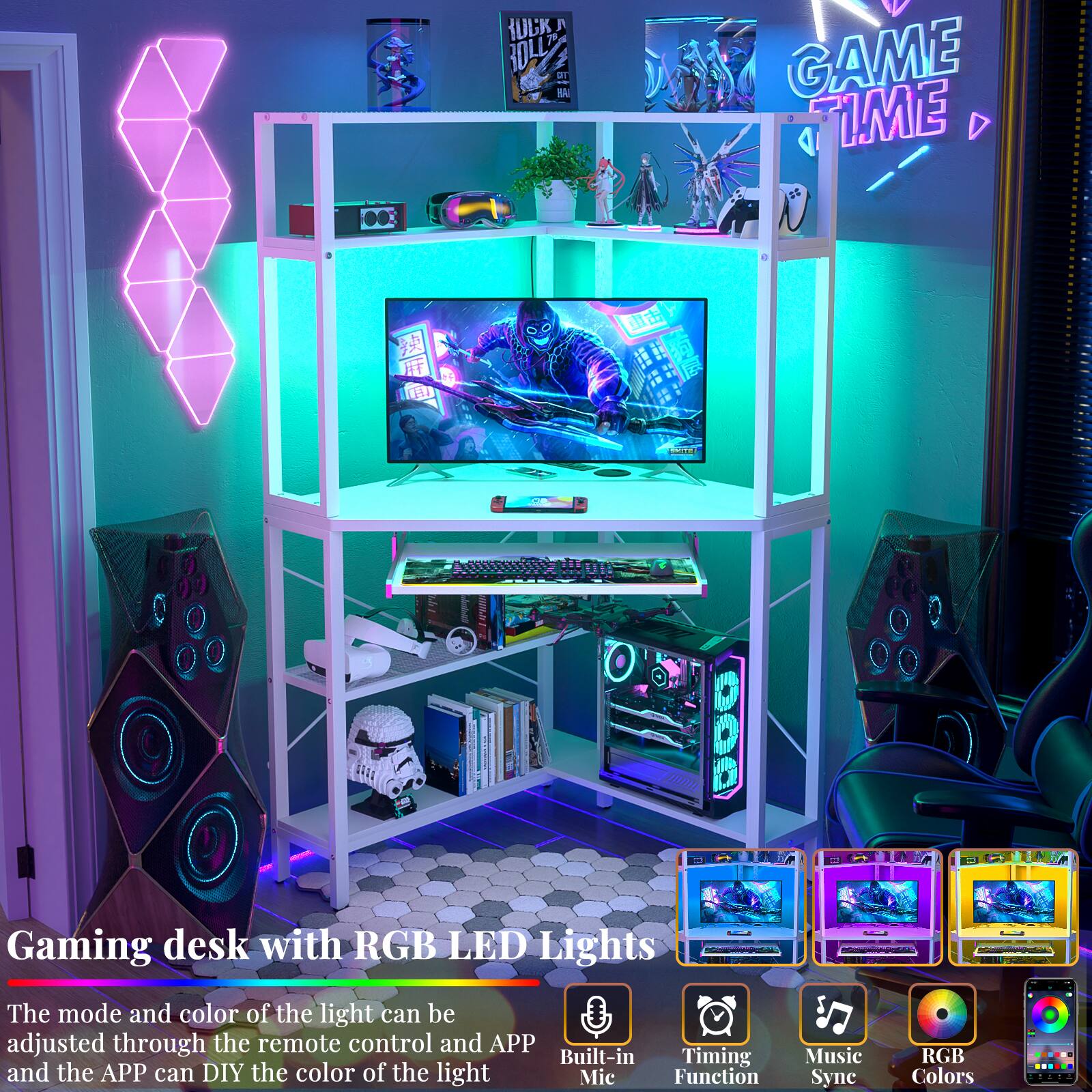 Gaming desk with RGB LED Lights

The mode and color of the light can be adjusted through the remote control and APP and the APP can DIY the color of the light

- Built-in Mic Function
- Timing
- Music Syne
- RGB Colors