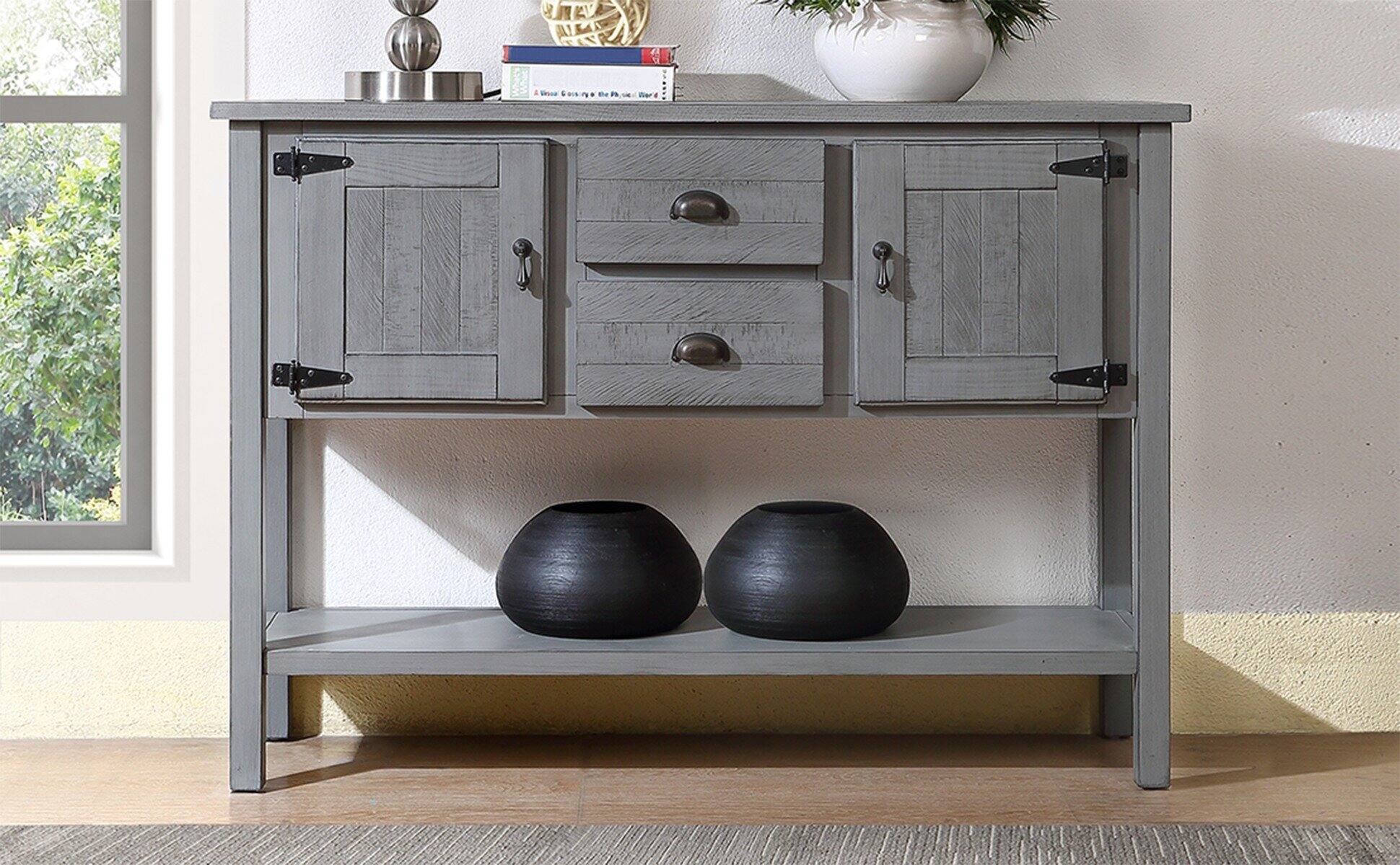 Angle. GOODSILO - Solid Wood Sideboard Console Table with Drawers and Cabinets Retro Style Storage Buffet Server Cabinet - Antique Gray.