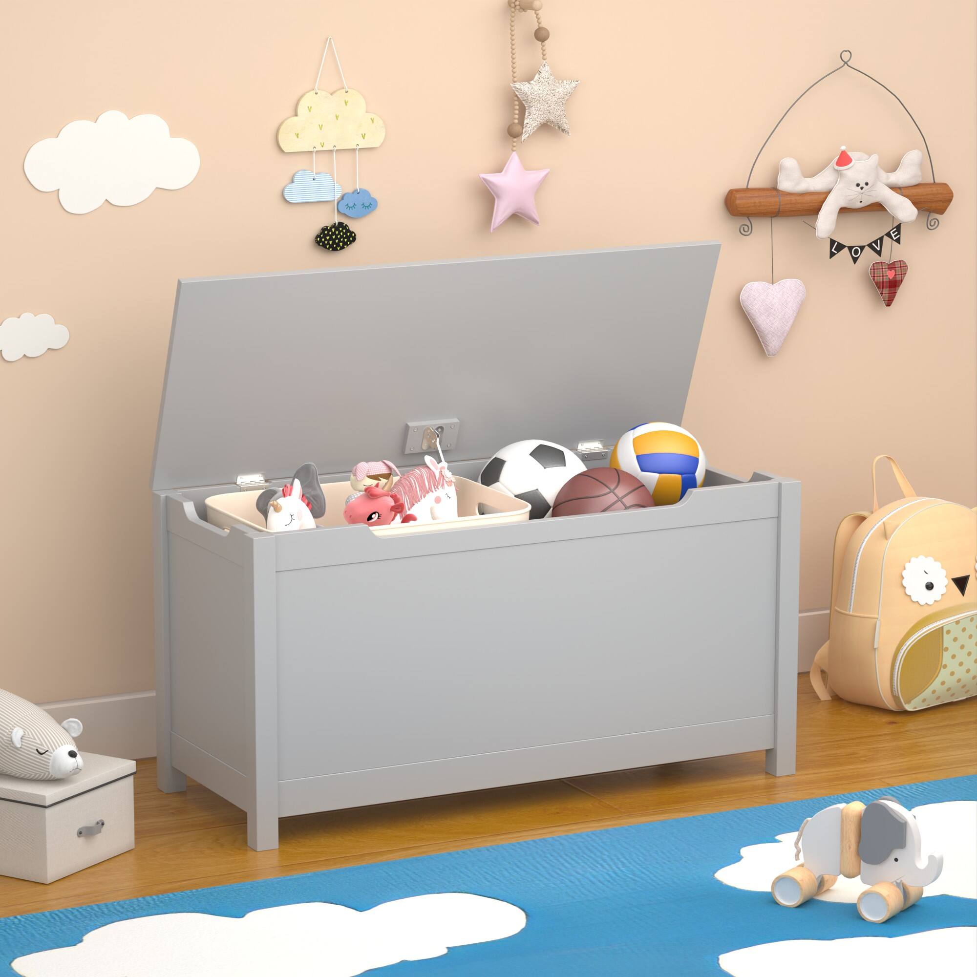 Alt View 1. Ecooso - Kids Toy Storage Organizer, Wooden Toy Box with Safety Hinged Lid for Toddlers, Ideal for Playroom or Bedroom Use - Gray.