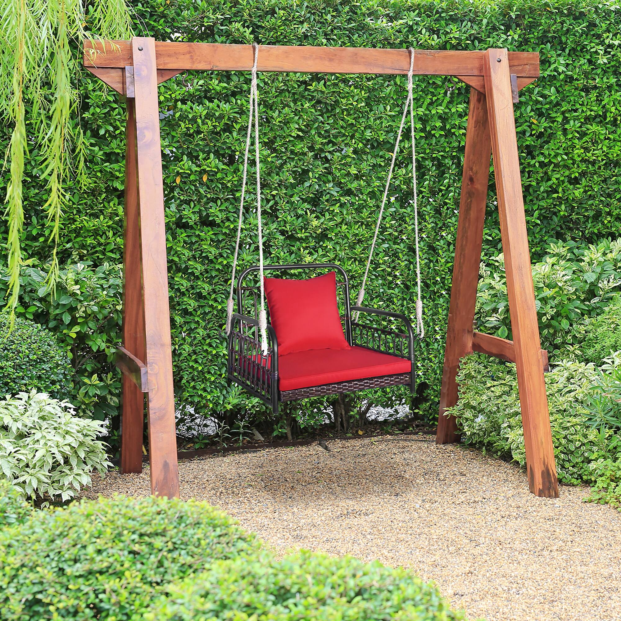 Alt View 4. Gymax - Gymax Single Person Hanging Swing Outdoor Hanging Seat w/ Back Cushion & Seat Cushion - Red.