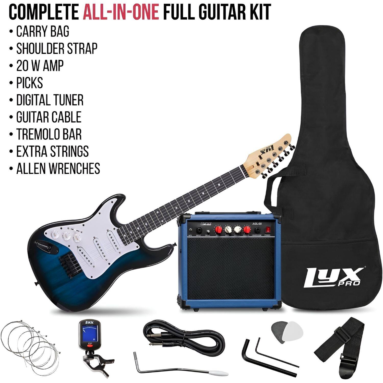 COMPLETE ALL-IN-ONE FULL GUITAR KIT

- CARRY BAG
- SHOULDER STRAP
- 20 W AMP
- PICKS
- DIGITAL TUNER
- GUITAR CABLE
- TREMOLO BAR
- EXTRA STRINGS
- ALLEN WRENCHES