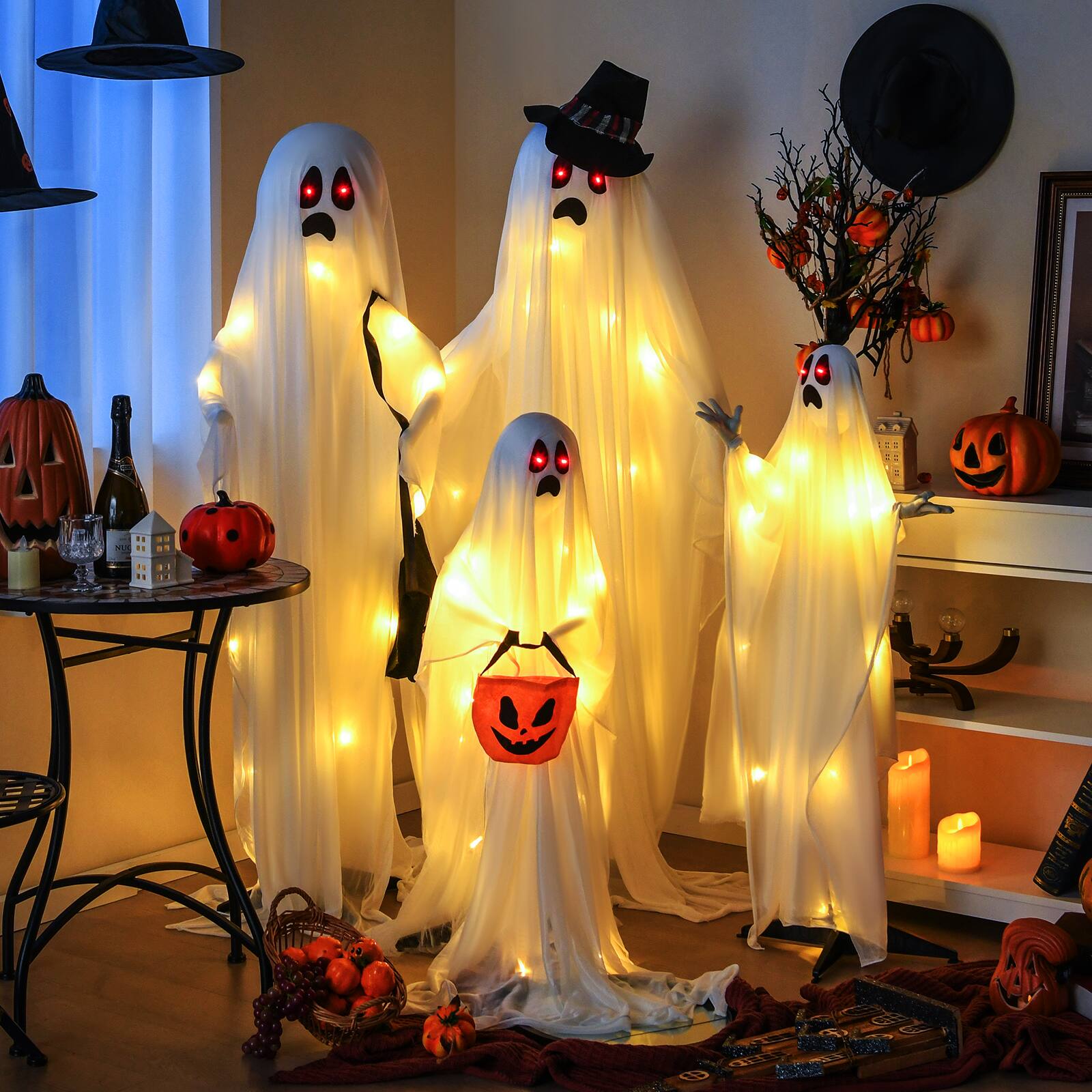 Alt View 13. Costway - 4 PCS Halloween Light up Cloth Ghosts Life-size Standing Ghost Family with Red and Warm LED Lights - White.